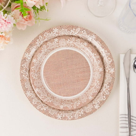 Efavormart 25 Pack Natural Burlap Print Paper Appetizer Dessert Plates with Floral Lace Rim, Round Rustic Disposable Salad Plates - 7"
