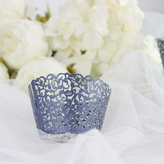 Efavormart 25 Pack | Navy Blue Lace Laser Cut Paper Cupcake Wrappers, Muffin Baking Cup Trays