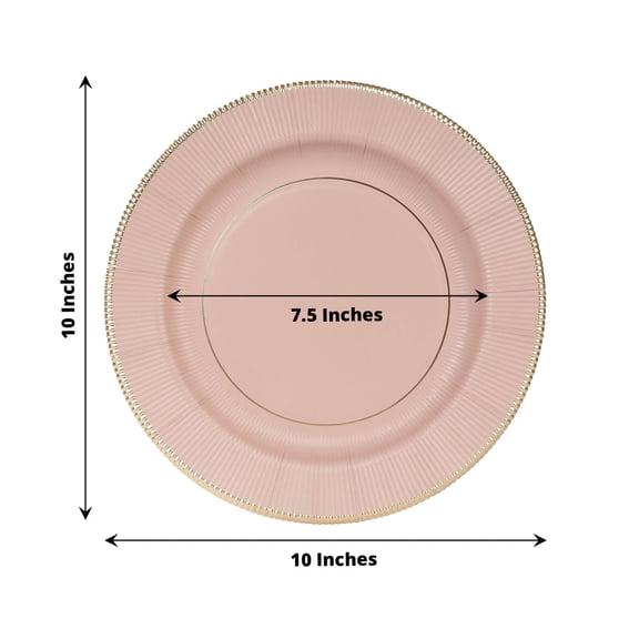 Efavormart 25-Pack Paper Round Dinner Plates 10" Dusty Rose Sunray Design with Gold Rim - 350GSM Heavy Duty Disposable Party Plates