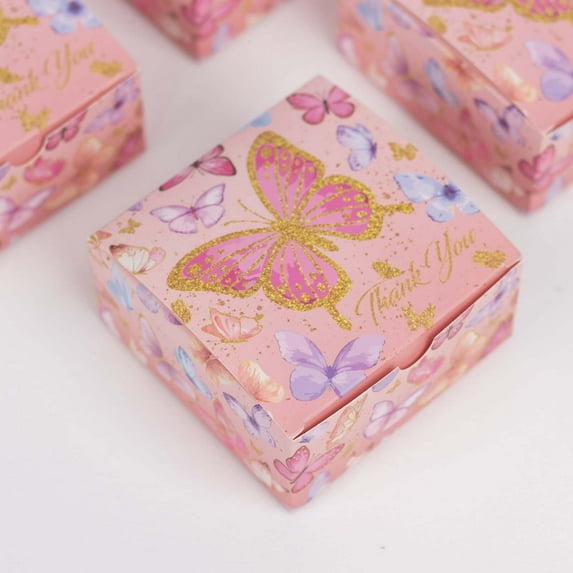 Efavormart 25 Pack Pink Butterfly Themed Party Favor Boxes with "Thank You" Print, Cardstock Paper Candy Gift Boxes - 4"x4"x2"