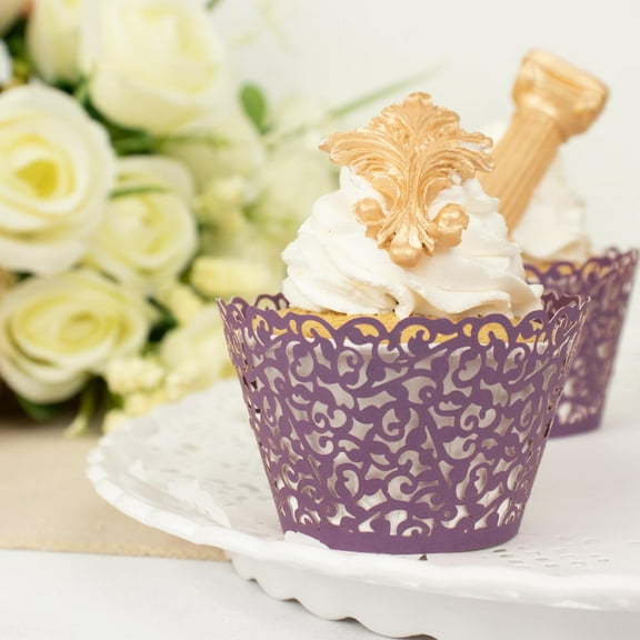 Efavormart 25 Pack | Purple Lace Laser Cut Paper Cupcake Wrappers, Muffin Baking Cup Trays
