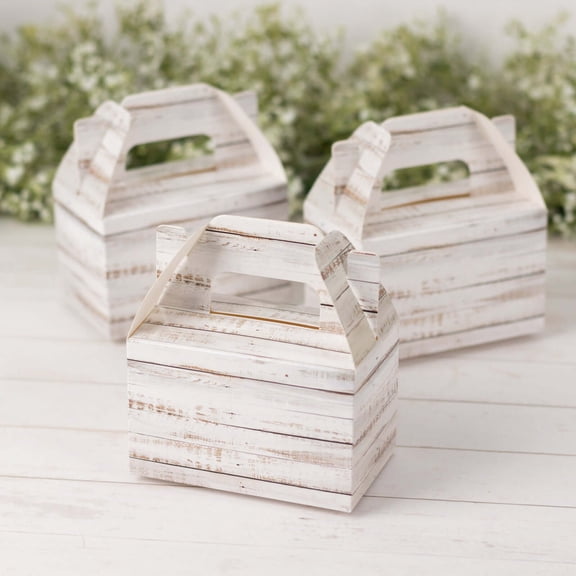Efavormart 25 Pack Rustic White Party Favor Gift Gable Boxes With Wood Plank Pattern, Candy Tote Boxes - 4"x2.5"x4.5"