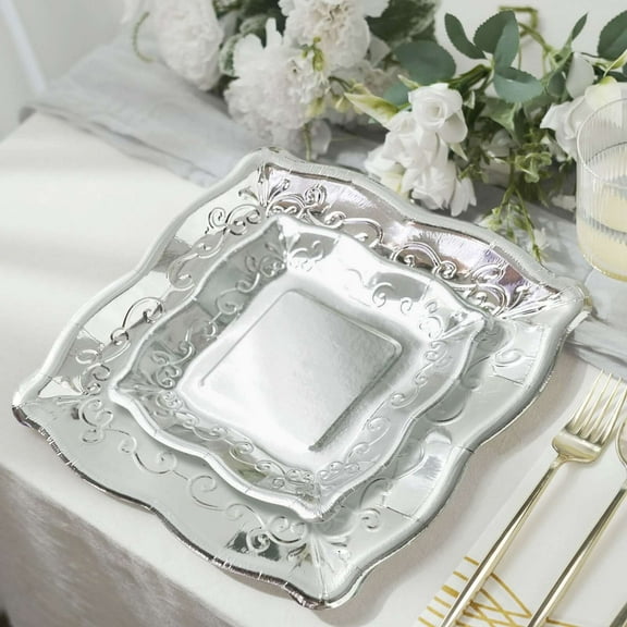 Efavormart 25 Pack | Silver 7" Square Vintage Appetizer Dessert Paper Plates, Shiny Metallic Disposable Pottery Embossed Party Plates With Scroll Design Edge - 350 GSM