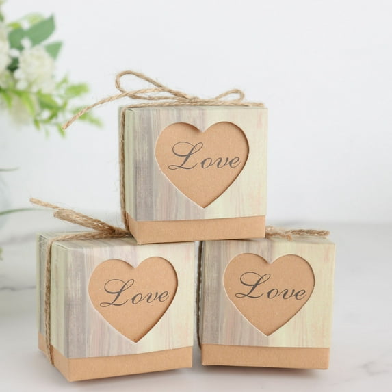 Efavormart 25 Pack | Vintage Natural Wood Paper Party Favor Candy Gift Boxes, Rustic With Burlap Jute Twine & Love Heart Cut Out - 2.5"x2.5"