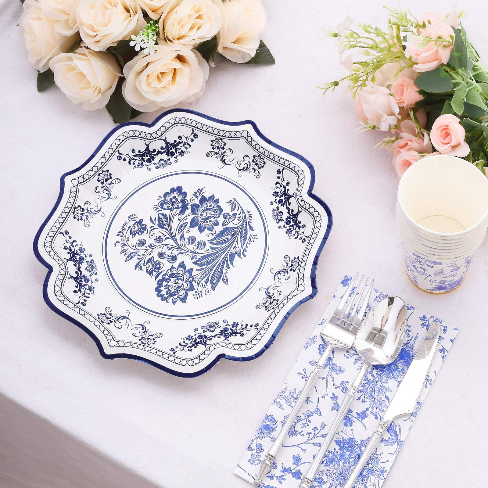 Efavormart 25 Pack White Blue 10" Paper Dinner Plates With Chinoiserie ...