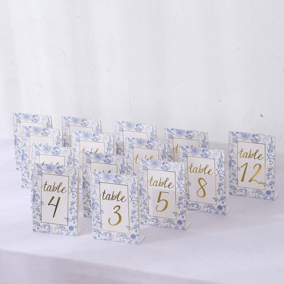 Efavormart 25 Pack White Blue Double Sided Paper Wedding Table Numbers with Chinoiserie Floral and Gold Foil Numbers Print, 7" Free Standing Table Sign Cards 1-25