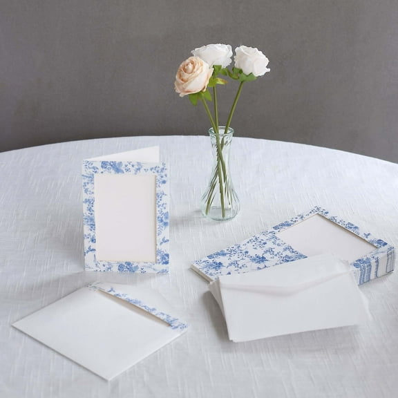 Efavormart 25 Pack White Blue Paper Picture Frames Wedding Cards With Envelopes, Chinoiserie Floral Design - 7"x5"