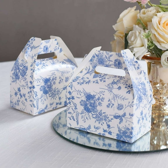 Efavormart 25 Pack White Blue Party Favor Gift Tote Gable Boxes with Chinoiserie Floral Print, Candy Treat Boxes - 6"x3.5"x7"