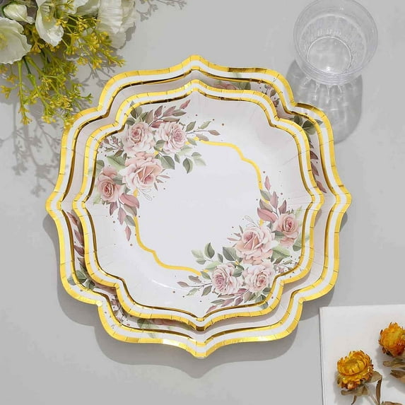 Efavormart 25 Pack | White / Gold Floral 8" Scallop Rim Dessert Appetizer Party Paper Plates, Disposable Salad Plates - 300 GSM