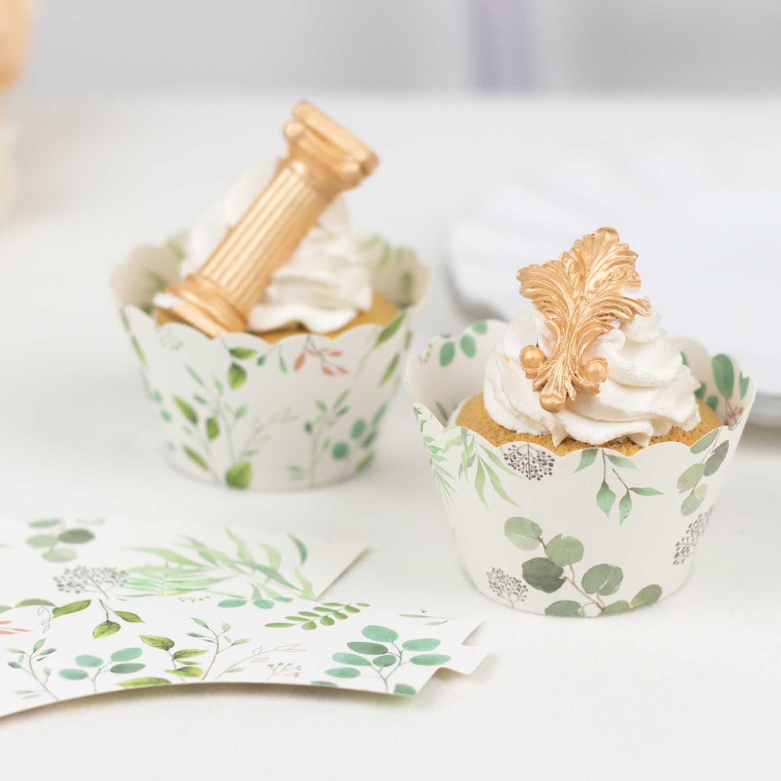 Efavormart 25 Pack White Green Paper Cupcake Wrappers with Eucalyptus ...