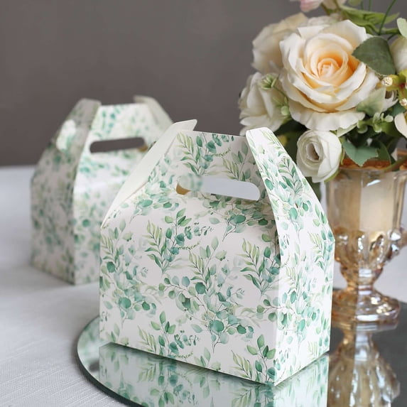 Efavormart 25 Pack White Green Party Favor Gift Tote Gable Boxes with Eucalyptus Leaves Print, Candy Treat Boxes - 6"x3.5"x7"