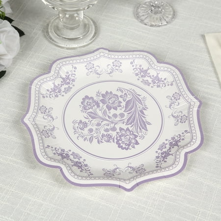 Efavormart 25 Pack White Lavender Lilac Paper Dessert Plates in Damask Floral Pattern, 8" Round Disposable Salad Appetizer Plates with Scalloped Rims - 300 GSM