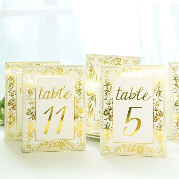 Efavormart 25 Pack White Metallic Gold Wedding Table Numbers With French Toile Floral and Foil Numbers Print, 7" Free Standing Double Sided Paper Table Sign Cards 1-25