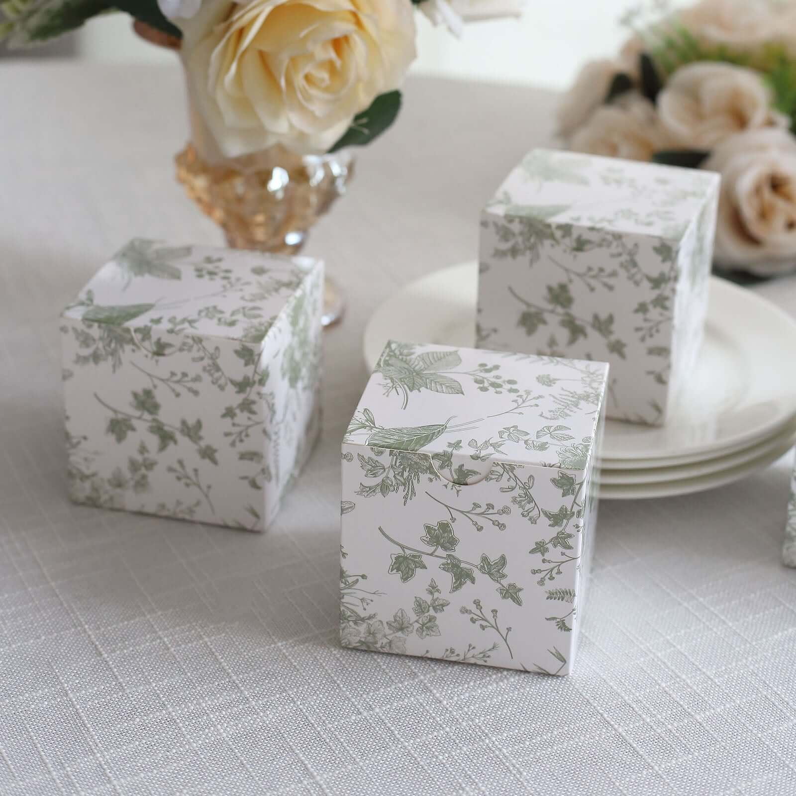 Efavormart 25 Pack White Sage Green Floral Print Paper Cube Gift Boxes ...