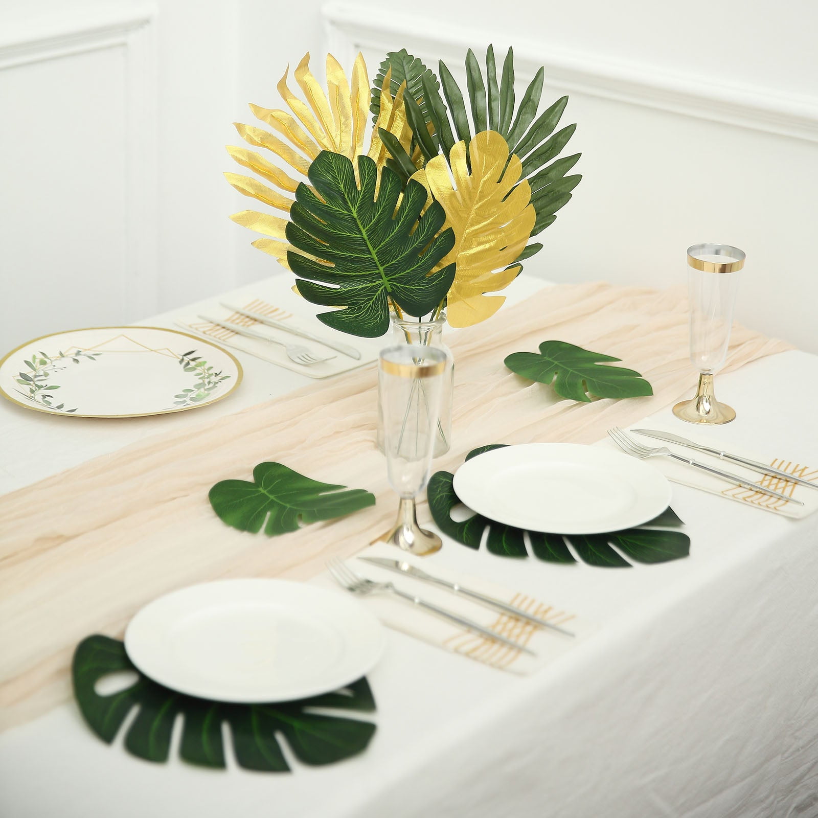 72PCS Artificial Palm Leaves 11 Kinds Tropical Monstera Plant Jungle Theme  Party Gold Leaves Decorations for Baby Shower Party Wedding Table