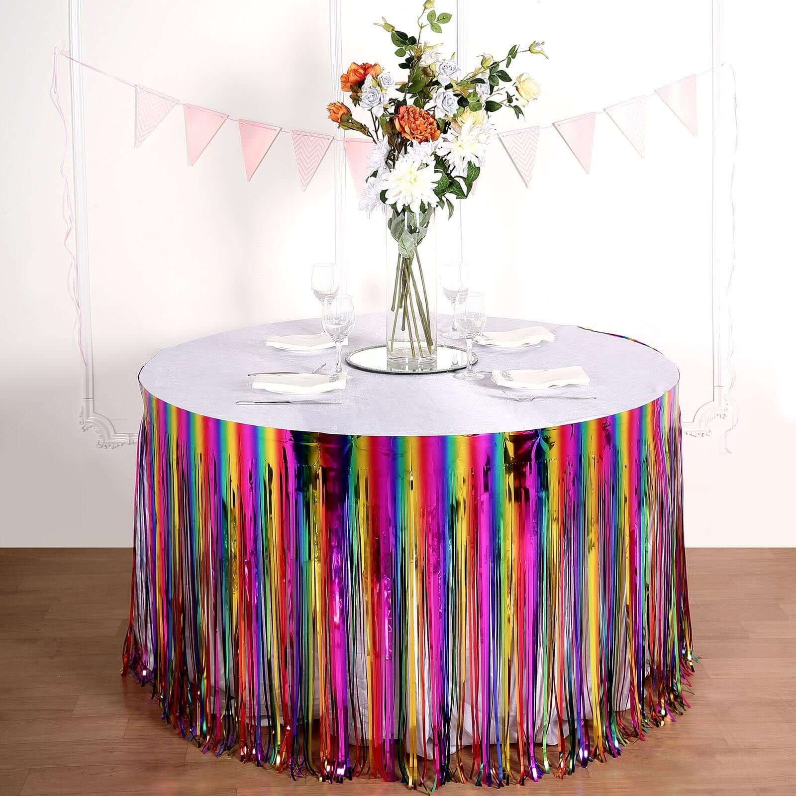 NUWIQ Rainbow Table Skirts, Metal Foil Fringe Table Skirt, L 275 X H 75