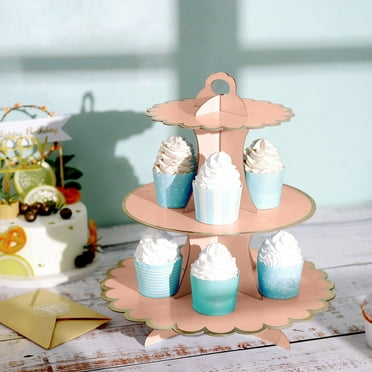 Efavormart 2PCS 3 Tier 13" Cardboard Cupcake Stand Dessert Tower & Food Display Stand with Gold Scalloped Edge - Blush/Rose Gold