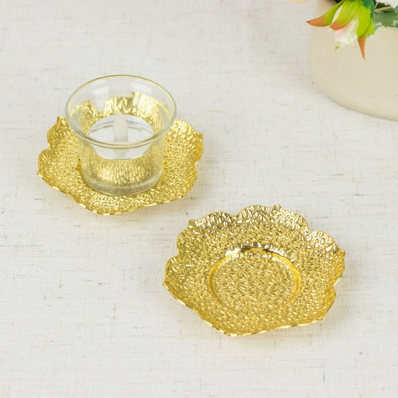 Efavormart 3 Pack | 4" Shiny Gold Metal Plum Blossom Votive Candle Holders, Vintage Mini Tea Cup Saucers