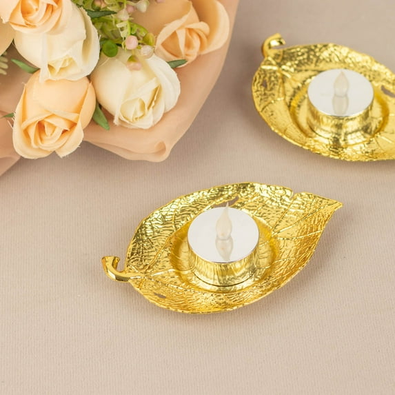 Efavormart 3 Pack | 5" Shiny Gold Metal Maple Leaf Votive Candle Holders, Vintage Mini Tea Cup Saucer