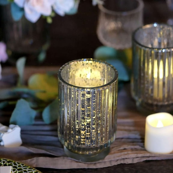 Efavormart 3 Pack | 5" Silver Mercury Glass Speckled Votive Candle Holder Vase, Hurricane Candle Holder with Wavy Column Design