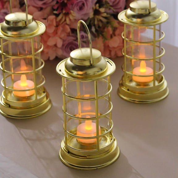 Efavormart 3 Pack Gold Mini LED Tealight Candle Lantern Lamps, Battery Operated Decorative Lanterns - 7"