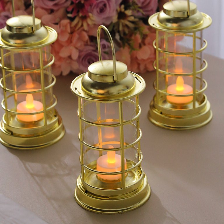 Mini Gold Mercury Glass Lanterns - Set of 4, Warm White LED Lights, 4