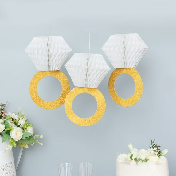 Efavormart 3 Pack | White/Gold Diamond Ring Hanging Party Supplies Decorations, Paper Honeycomb Bachelorette, Bridal Shower, Engagement & Wedding Decor - 11" Tall
