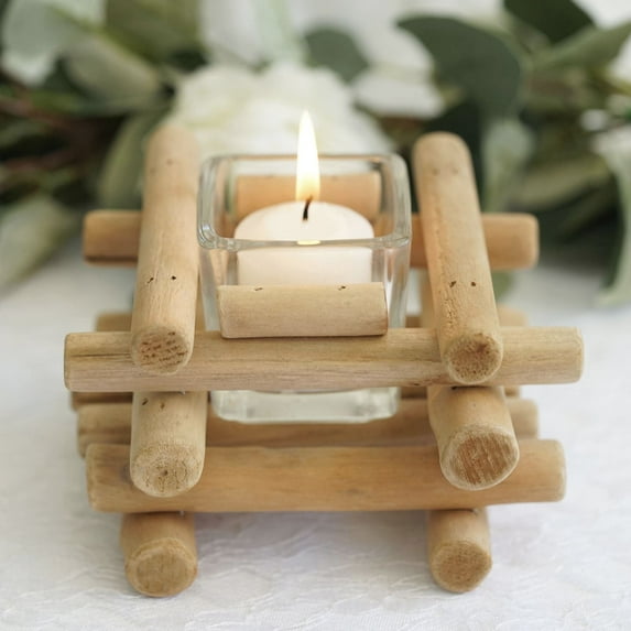 Efavormart 3" Tall Driftwood Wooden Candle Holder Round Glass Tea Light Holder Rustic Wedding Centerpiece