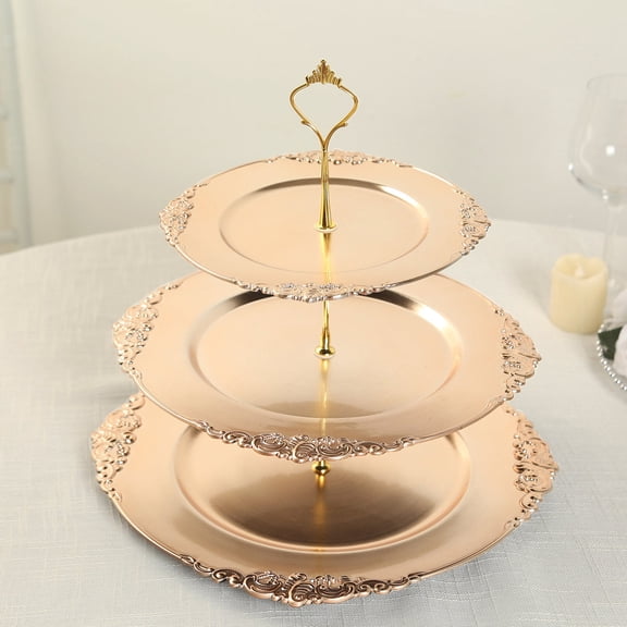 Efavormart 3-Tier Metallic Gold Plastic Cupcake Stand Holder with Embossed Baroque Rim, Rustic Round Cake Dessert Display Stand Tiered Serving Tray with Top Handle - 13"