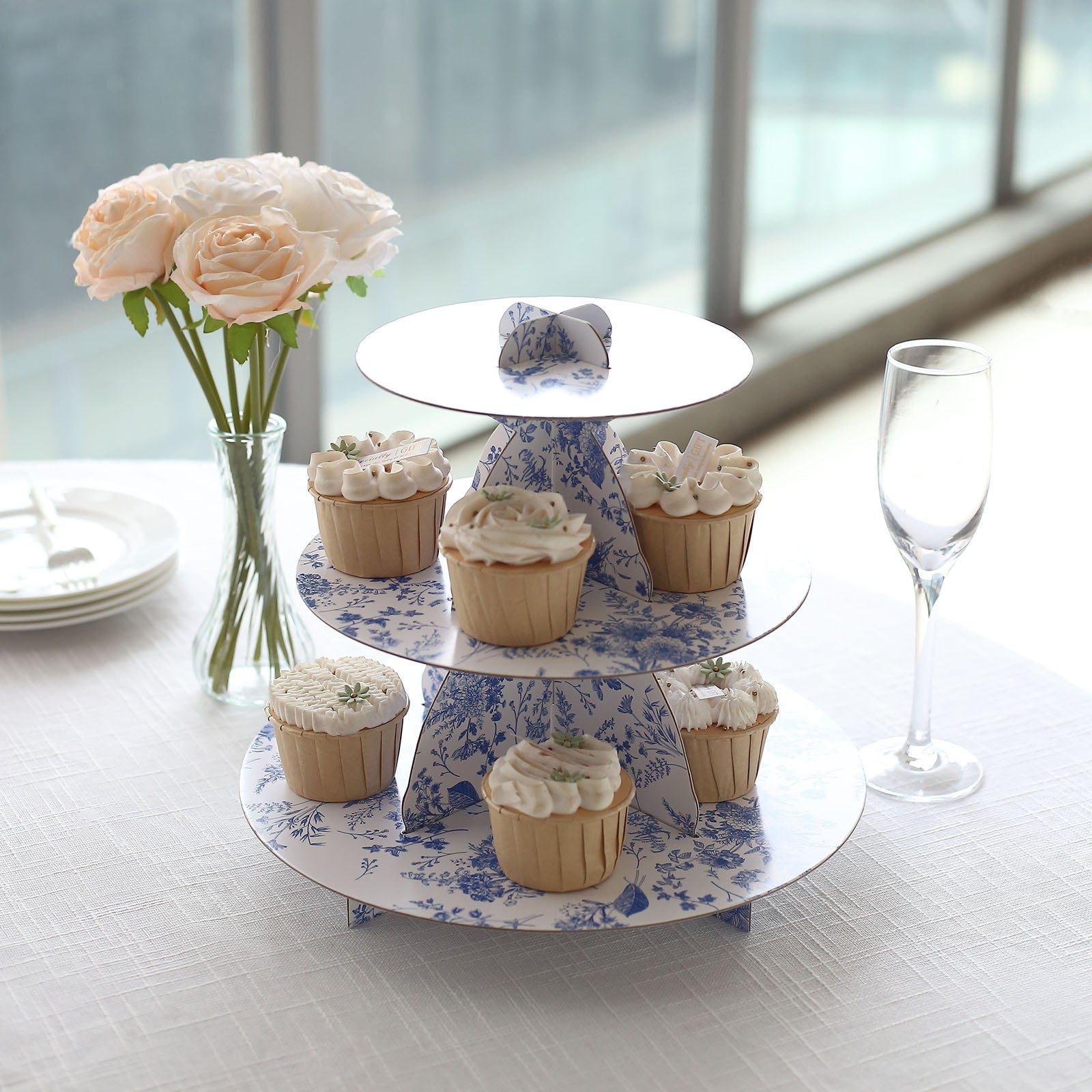 Efavormart 3Tier White Blue Cardboard Cupcake Stand with Chinoiserie