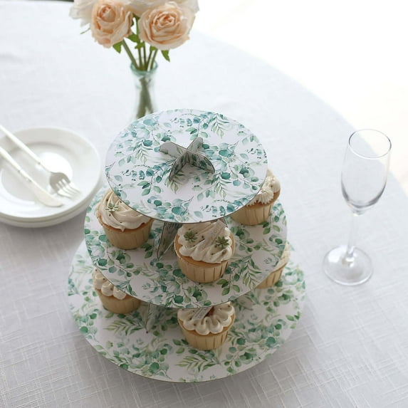 Efavormart 3-Tier White Green Cardboard Cupcake Stand with Eucalyptus Leaves Print, Tea Party Dessert Display Stand Round Serving Platter - 11" Tall
