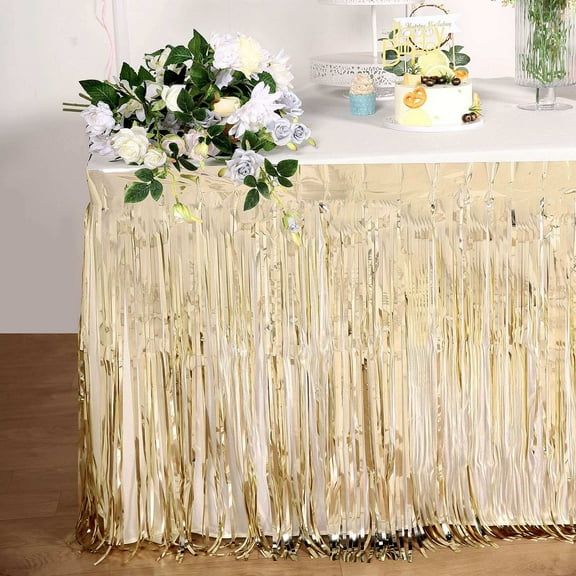 Efavormart 30"x9FT Metallic Foil Fringe Table Skirt, Self Adhesive Party Table Skirt - Champagne