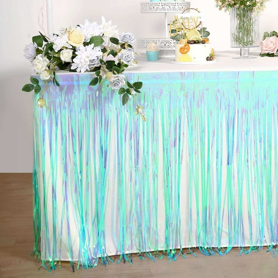 Efavormart 30"x9FT Metallic Foil Fringe Table Skirt, Self Adhesive Party Table Skirt - Iridescent Blue