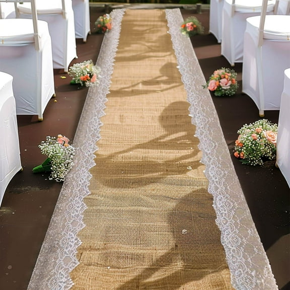 Efavormart 30FT Natural Jute Burlap Aisle Runner with White Floral Lace Borders