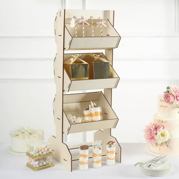 Efavormart 33" Natural Wooden 3-Tier Basket Floor Standing Display Rack, Rustic Tabletop Cupcake Dessert Holder Shelf Stand