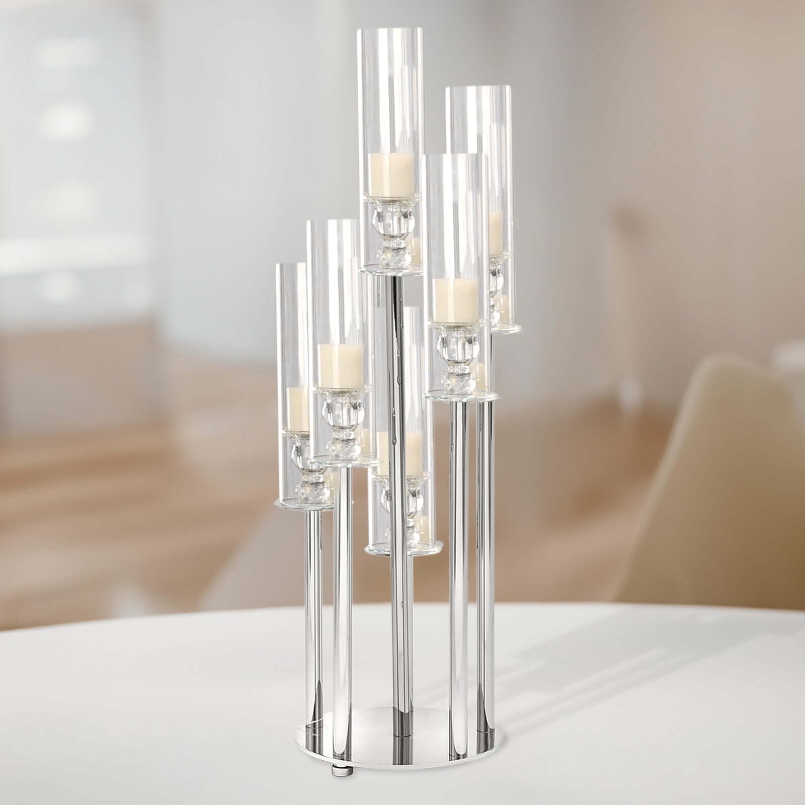 33" Tall Clear Crystal 7-Arm Hurricane Candelabra