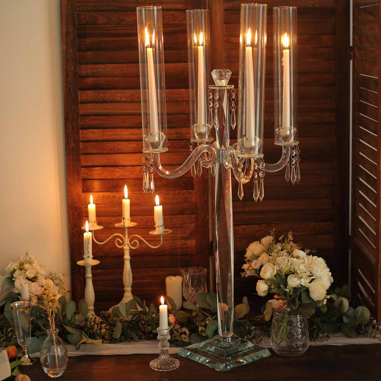 Efavormart 36" 4 Arm Premium Crystal Glass Taper Candle Holder Candelabra With Chandelier Chains ...