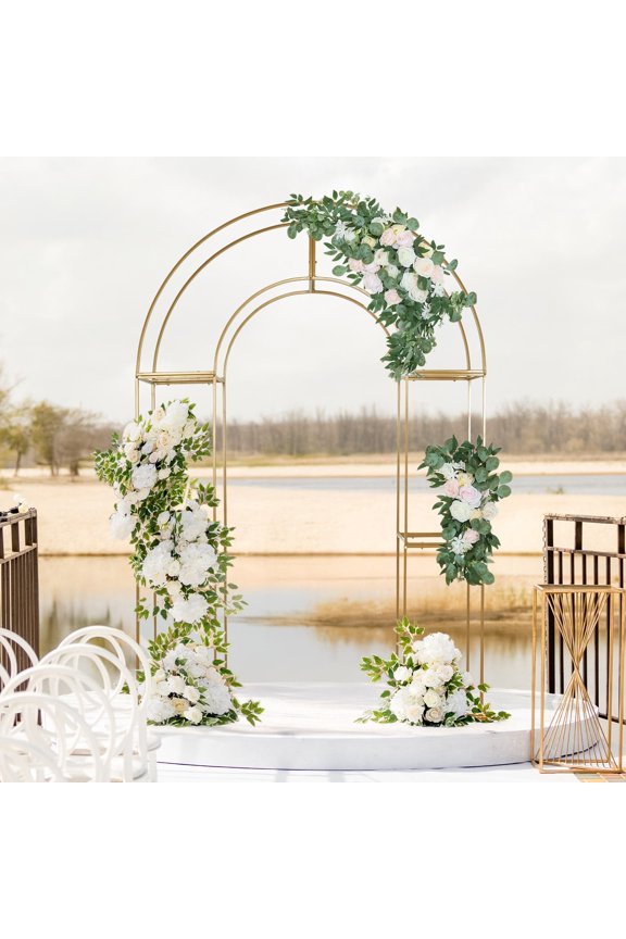 3D Gold Metal Wedding Arch Backdrop Stand with Round Top, Heavy-Duty Floral Balloon Frame for Party Decor - 7.5ft