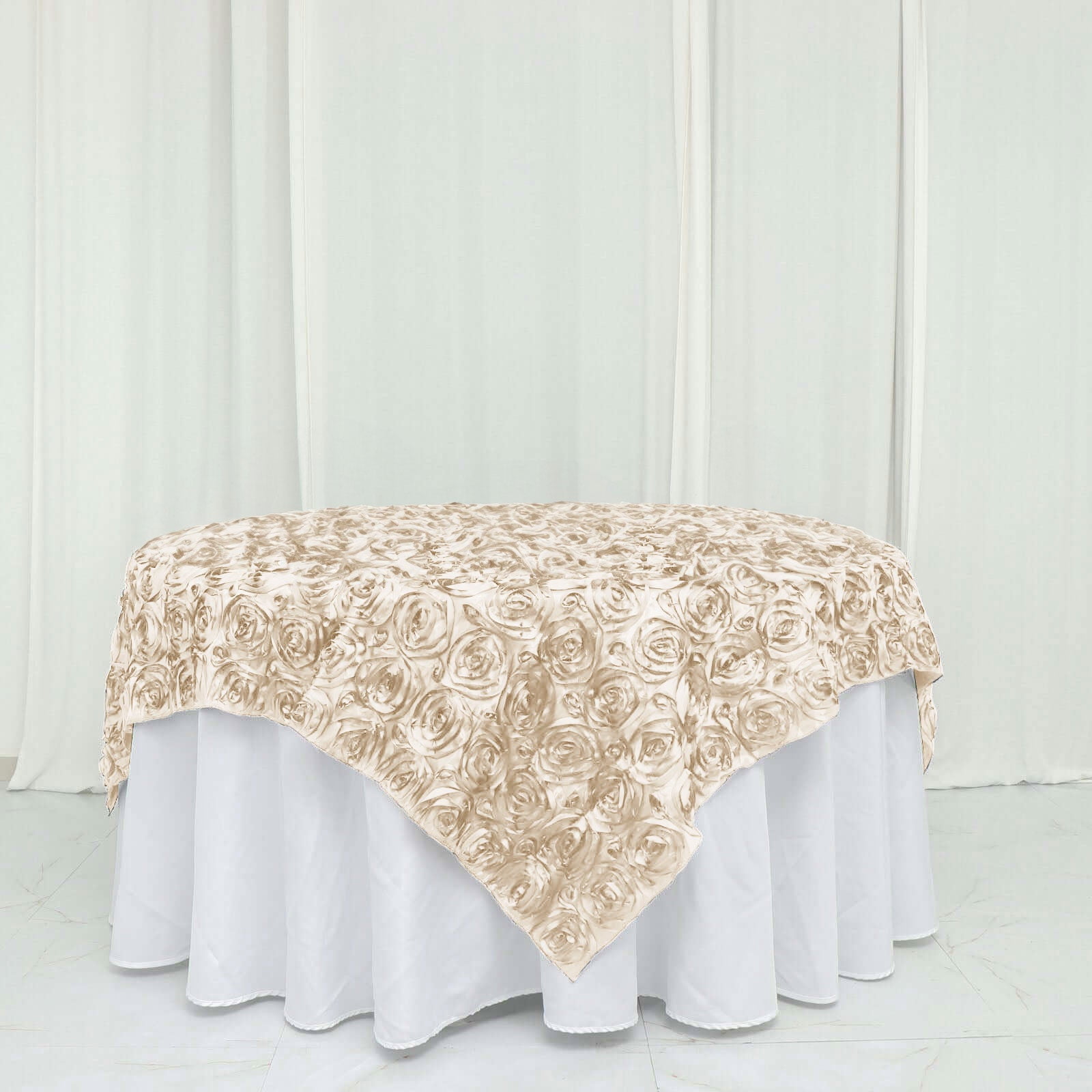 Beige 72"x72" Square Satin 3D Rosette Table Overlay