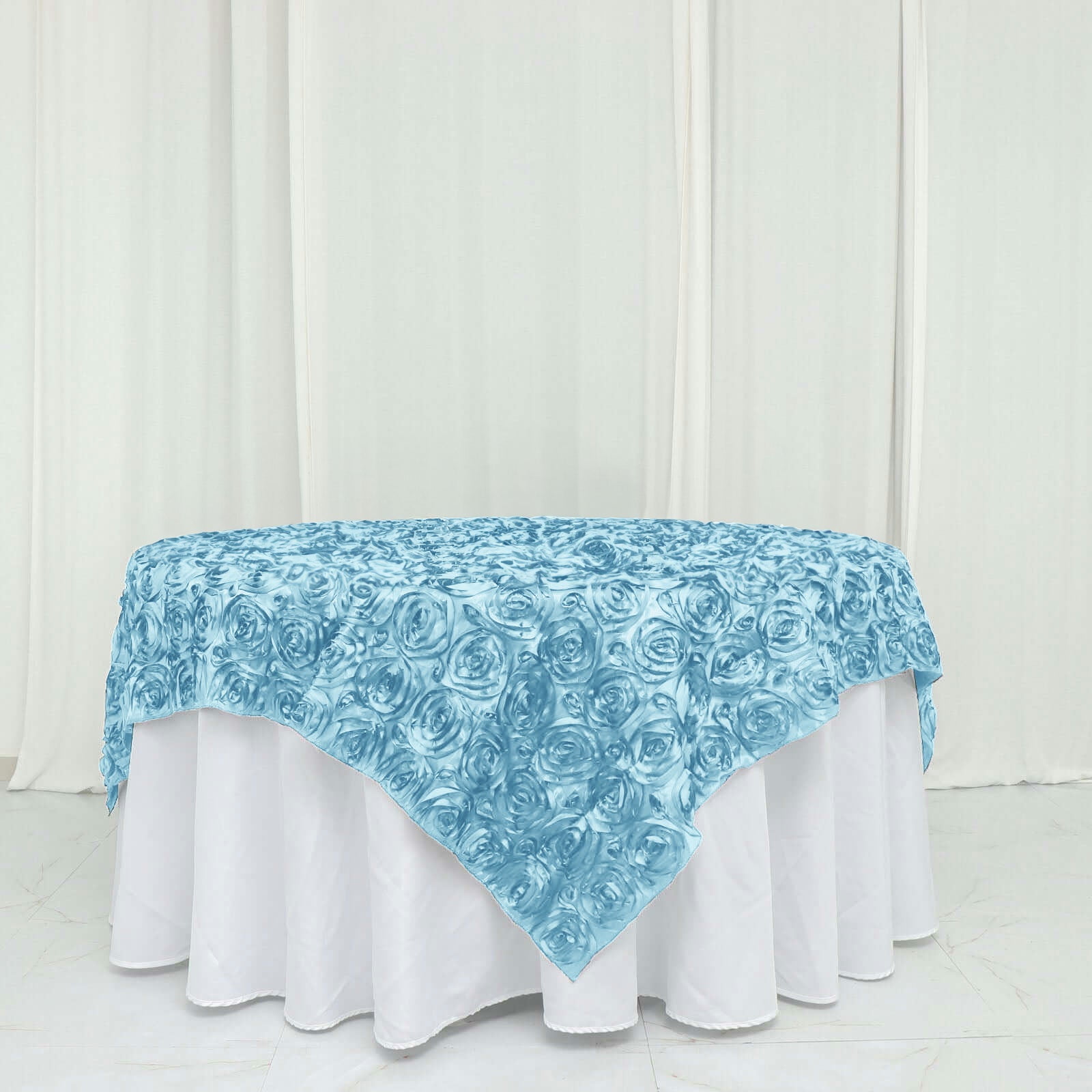 Light Blue 72"x72" Satin 3D Rosette Square Table Overlay