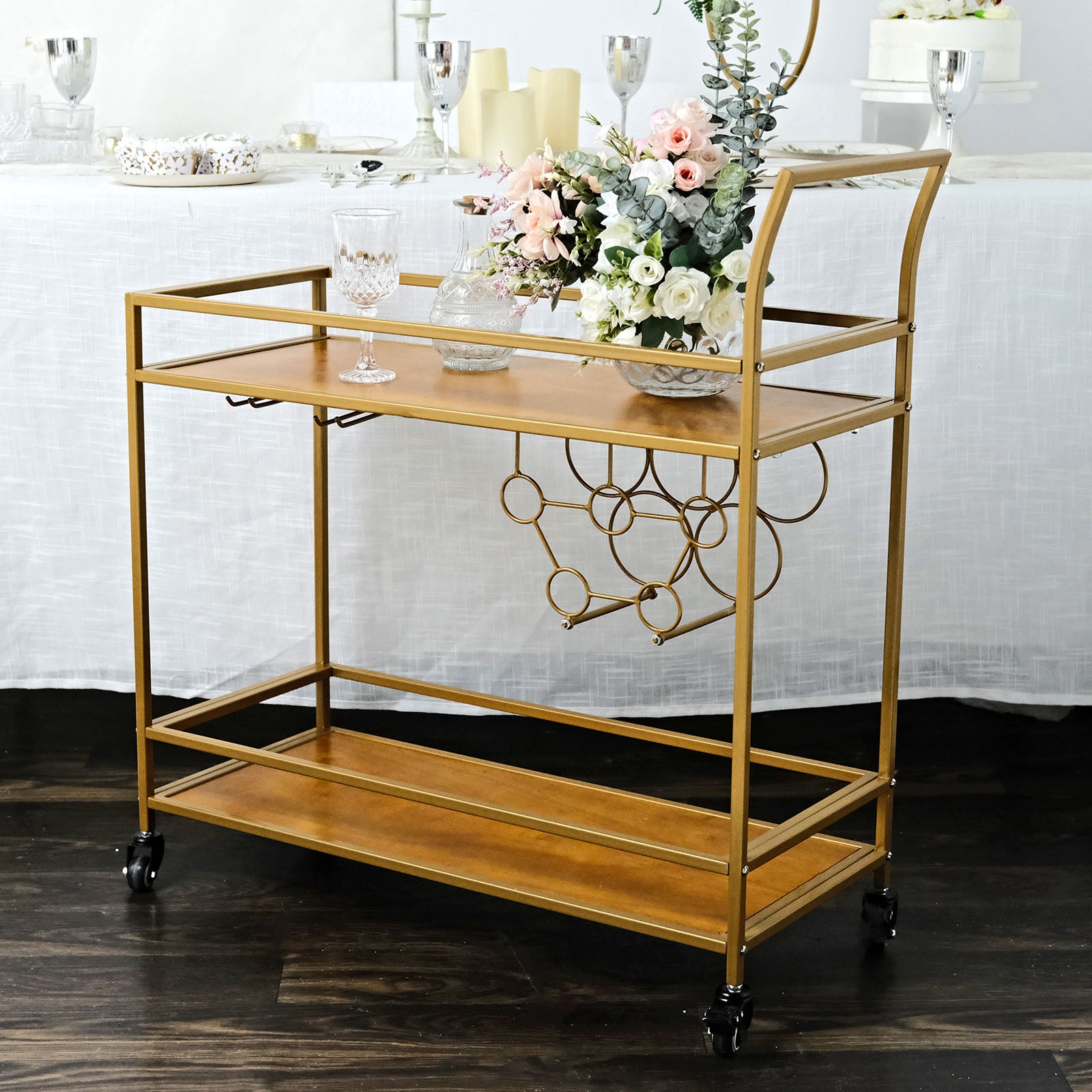 Efavormart 3ft Gold Metal 2Tier Bar Cart Wine Rack With Wooden Serving
