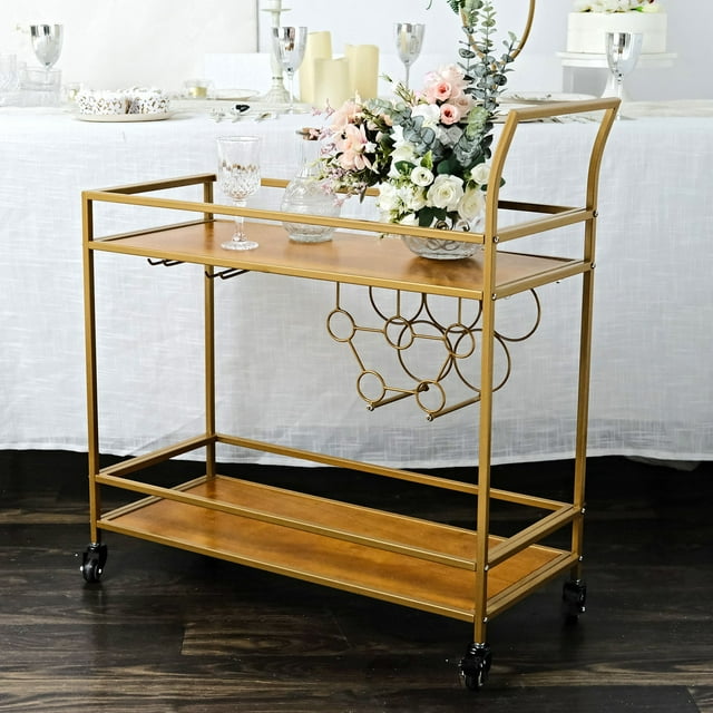 Efavormart 3ft Gold Metal 2Tier Bar Cart Wine Rack With Wooden Serving