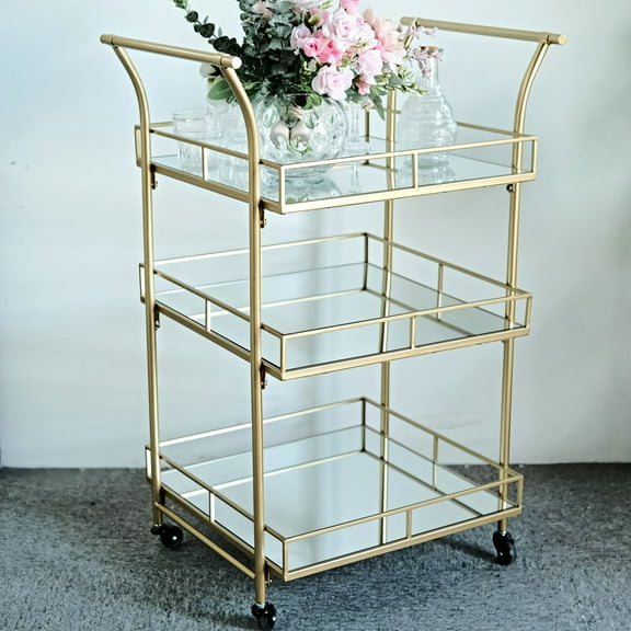 Efavormart 3ft Tall Gold Metal 3-Tier Bar Cart Mirror Serving Tray Kitchen Trolley, Teacart Island Trolley