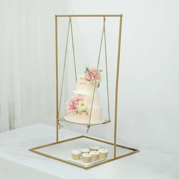 Efavormart 3ft Tall Gold Metal Hanging Dessert Display Centerpiece With Jute Rope, Cake Stand Swing
