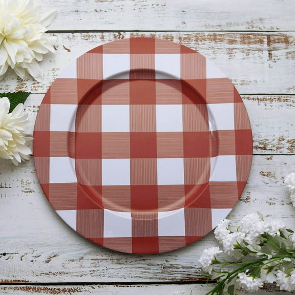 Efavormart 4 Pack 13" Buffalo Plaid Metal Charger Plates Checkered Dinner Chargers - Red/White Plate for Wedding, Outdoor Receptions, Banquets, Holiday Dinner plates Chargers