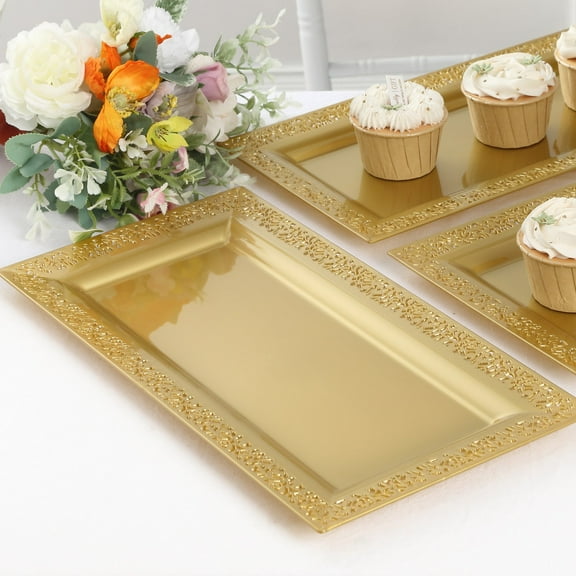 Efavormart 4 Pack | 14" Gold Lace Print Rectangular Plastic Serving Trays, Decorative Coffee Table Trays