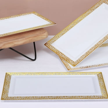 Efavormart 4 Pack | 14" Gold Lace Print & White Rectangular Plastic Serving Trays