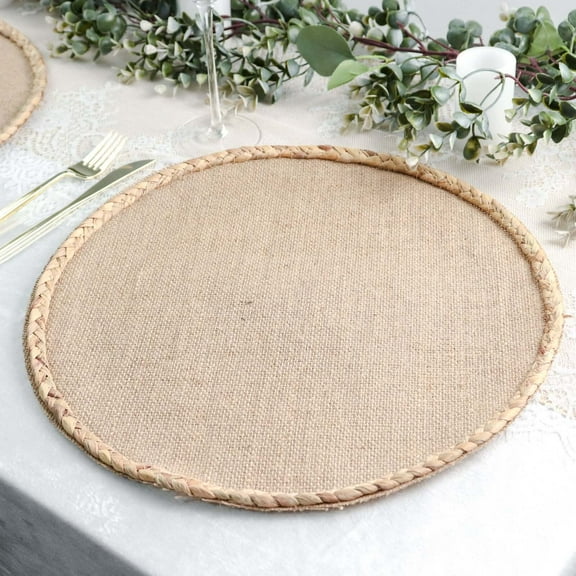 Efavormart 4 Pack | 15" Round Natural Rustic Burlap Jute Placemats Braided Edges, Farmhouse Placemats with Trim