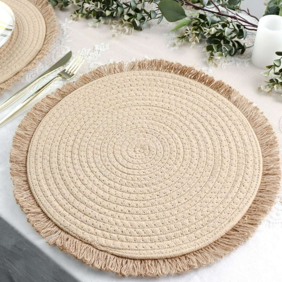 Efavormart 4 Pack | 15" Round Natural Rustic Burlap Jute Placemats Fringed Edges, Farmhouse Placemats with Trim