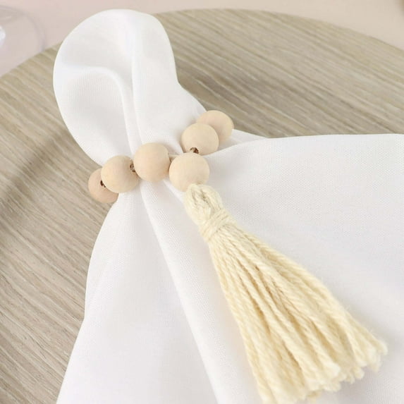 Efavormart 4 Pack | 6" Cream Farmhouse Country Wood Bead Napkin Rings With Tassels, Rustic Boho Chic Napkin Holders